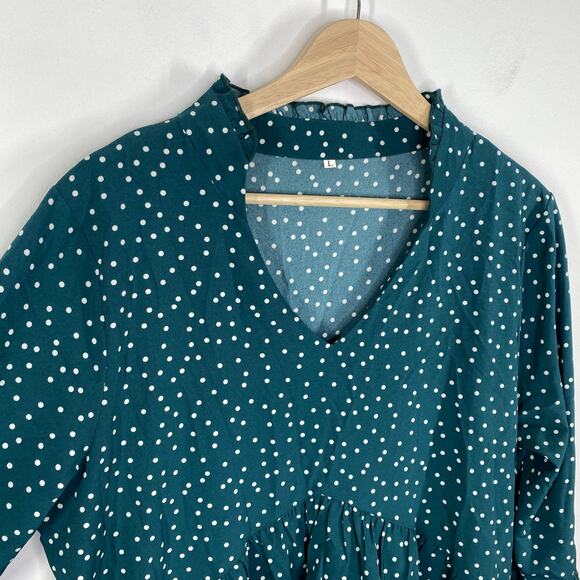 Green White Polka Dot Keyhole Mock Neck Ruffle Mini Dress Women's Size Large L - Picture 5 of 8